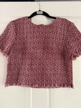 Aqua Burgundy & White Tweed Cropped Top and Skirt Set XS